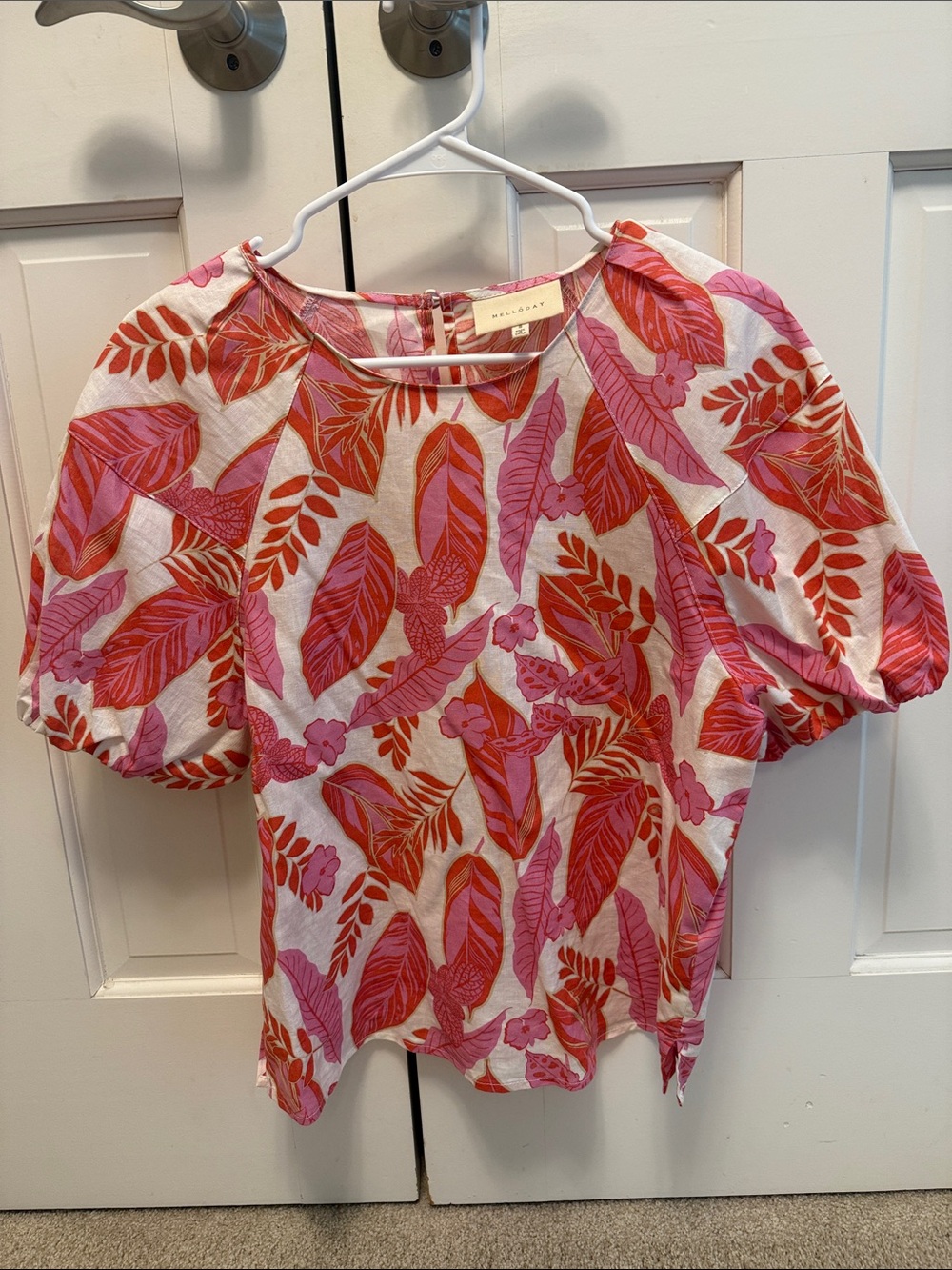 MELLODAY Pink and Orange Leaf-Print Puff-Sleeve Blouse